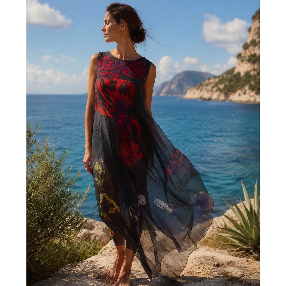 Anita Suljic Silk Dress Flowy Floral Sleeveless Asymetric Hem Boho Artwear